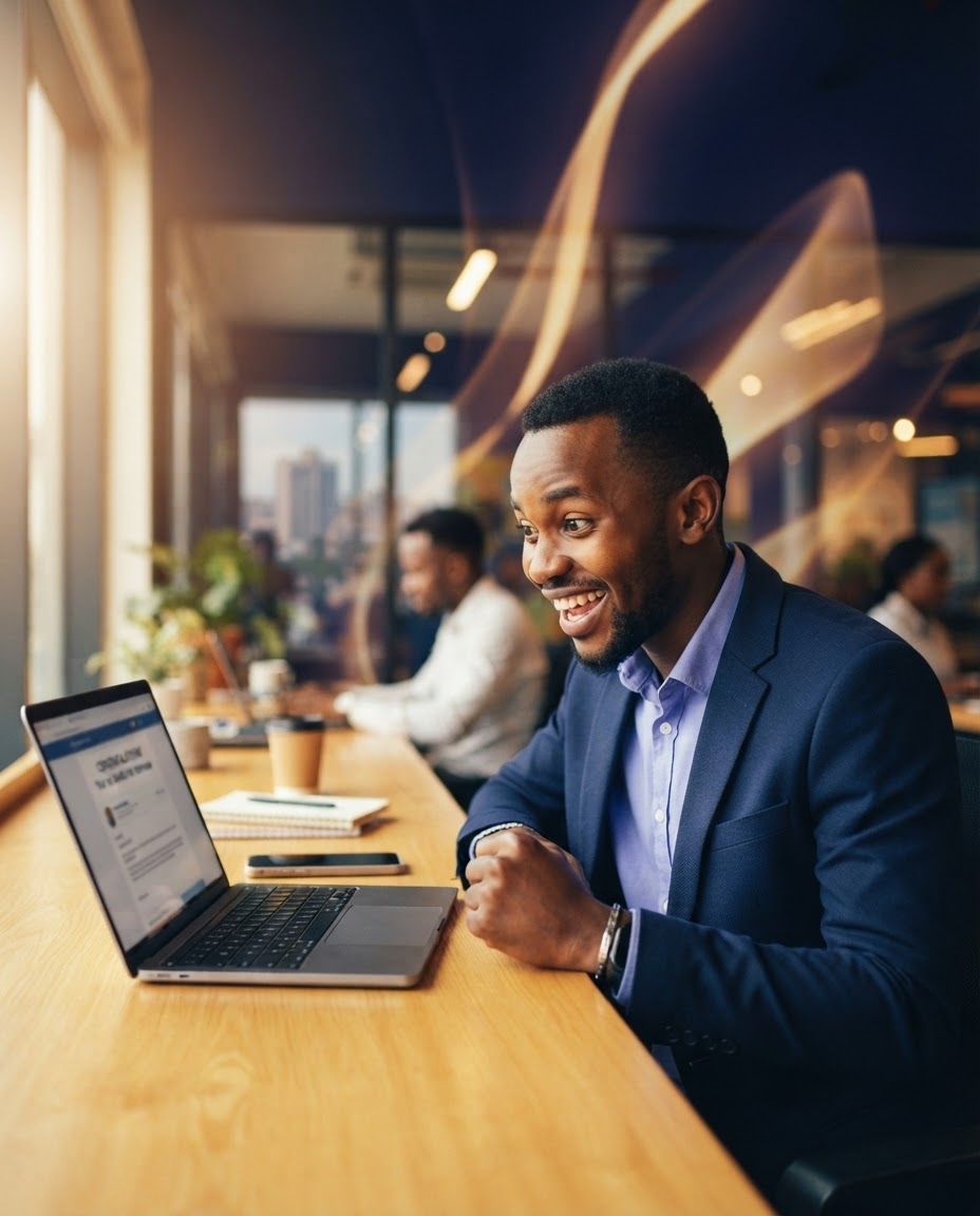A smiling Kenyan professional celebrating good news on his laptop in a modern workspace.