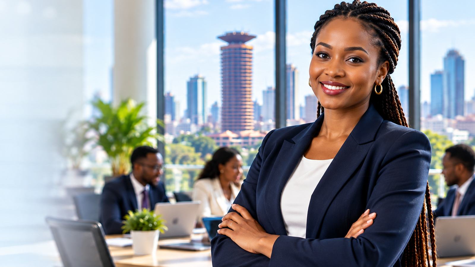 A confident recruitment professional smiling at the camera in a bright Nairobi office, colleagues working behind her