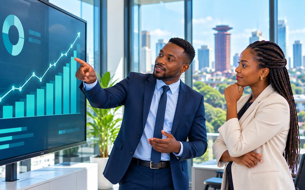 Two recruiters in front of a wall screen showing a rising bar and line chart of hiring demand