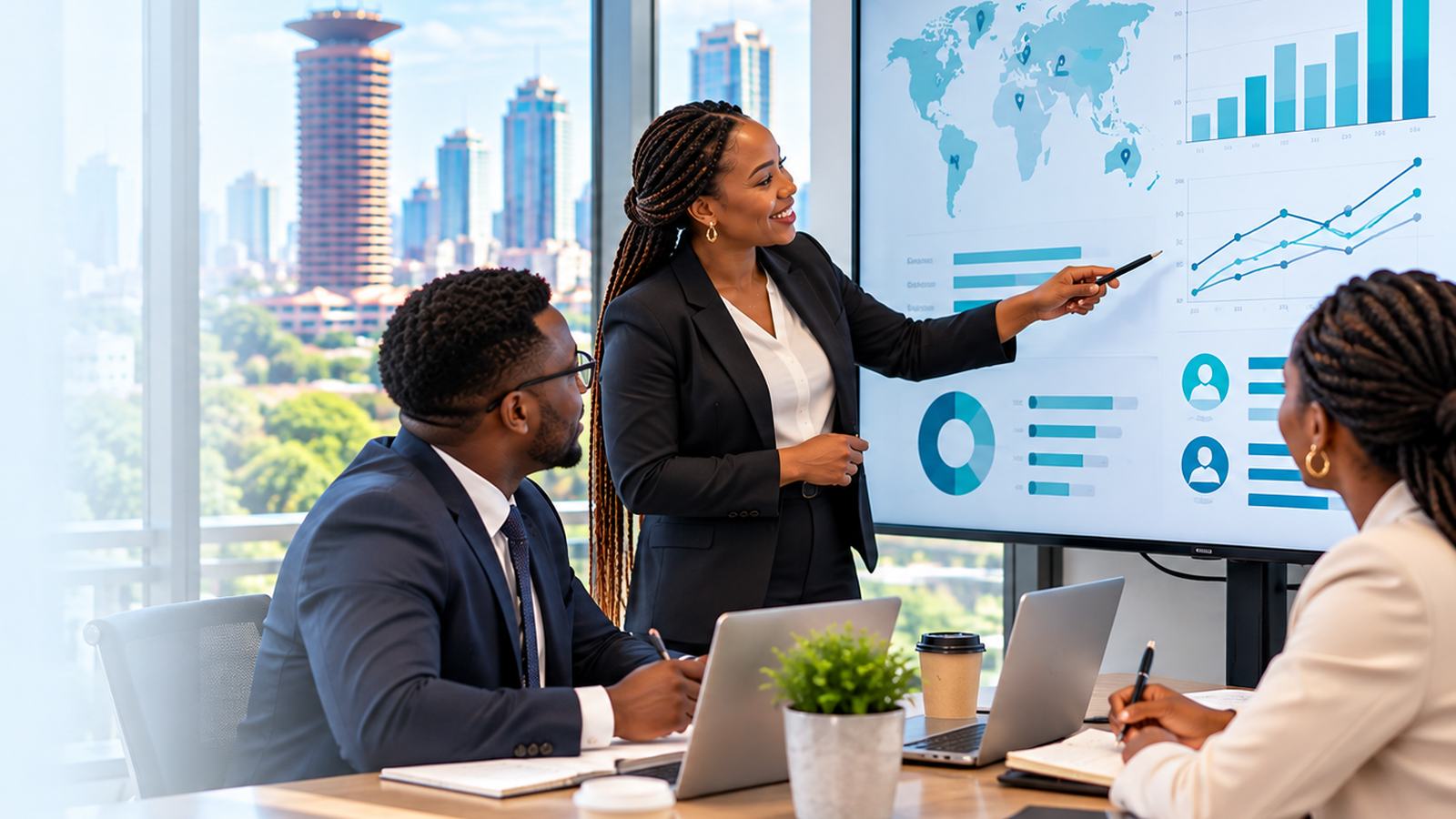 Recruiters reviewing market insights on a large screen