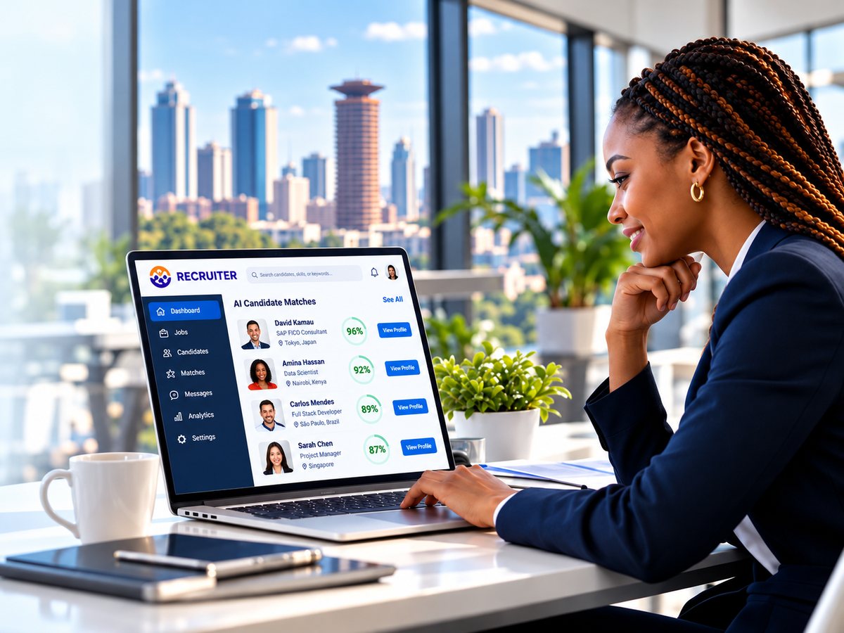 A recruiter smiling as she reviews AI candidate matches on the Recruiter dashboard in a bright office above the Nairobi skyline