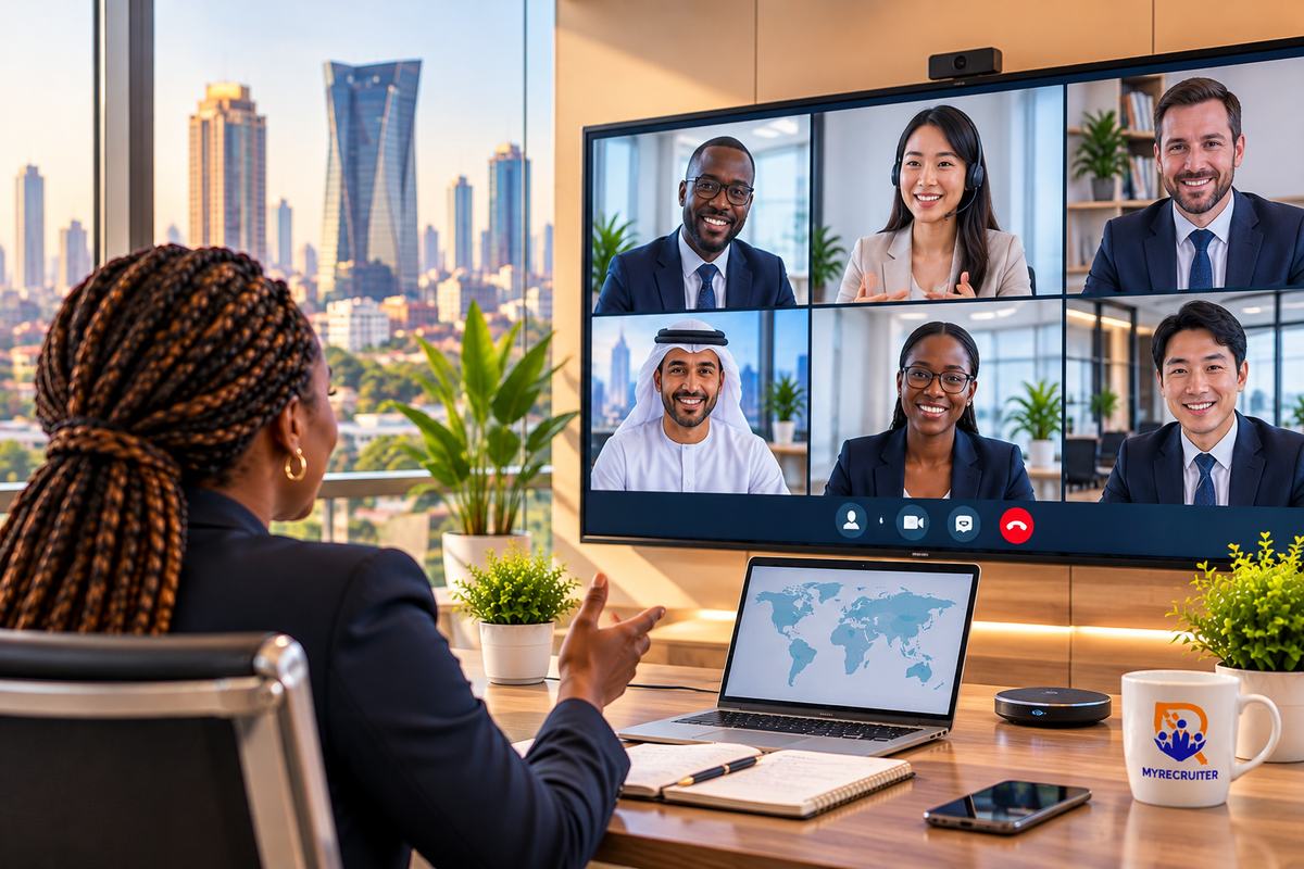 A Kenyan recruiter speaking with six international professionals from Africa, Europe, Asia and the Middle East on a video call